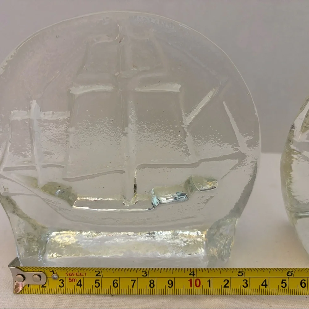 Vintage Blenko Clear Glass Sailboat Bookends 6”x6”.
